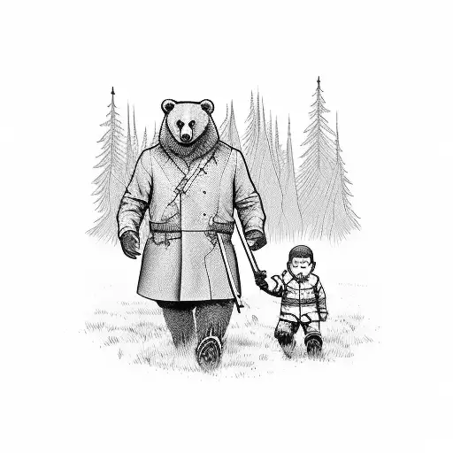 Daddy bear with a sword in the back walking with his son in the woods holding paws tattoo design idea