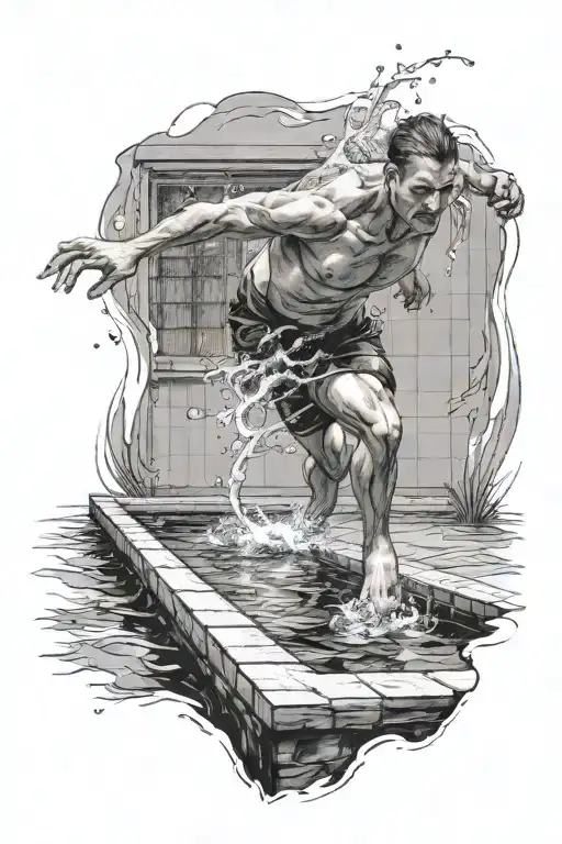 Design for a Tatoo: A male swimmer standing on the edge of a pool, front facing, about to jump in and start swimming. Al tattoo design idea
