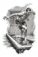 Design for a Tatoo: A male swimmer standing on the edge of a pool, front facing, about to jump in and start swimming. Al tattoo design idea