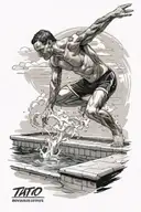 Design for a Tatoo: A male swimmer standing on the edge of a pool, front facing, about to jump in and start swimming. Al tattoo design idea