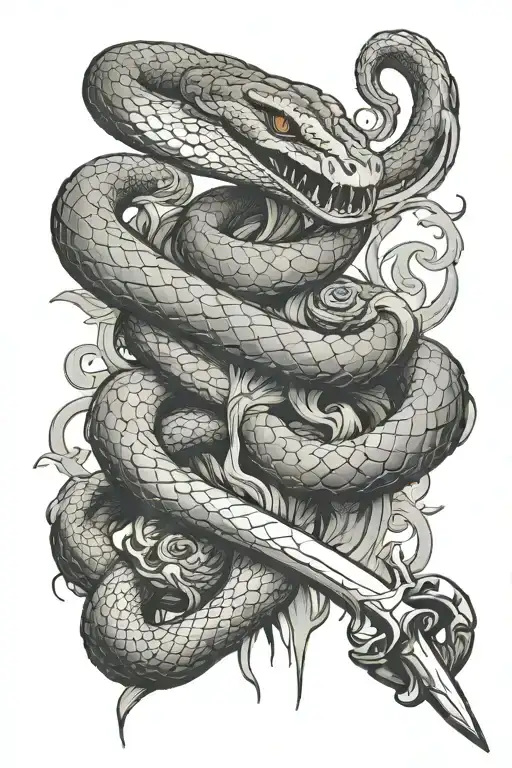 snake wrapped around sword with bird attacking the snaking and candle and smoke in backgorund. tattoo design idea