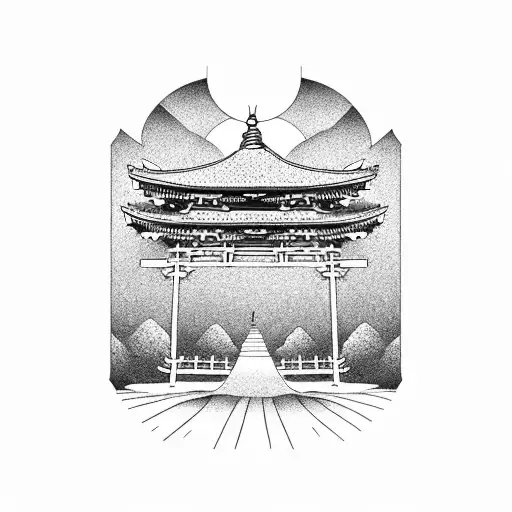 Japanese pagoda and torii gate tattoo design idea