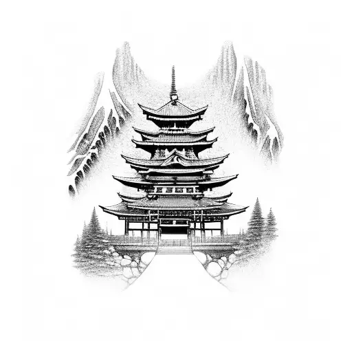 Japanese pagoda, torii gate tattoo design idea