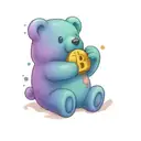 A traditional style tattoo of a gummy bear holding a Bitcoin logo tattoo design idea