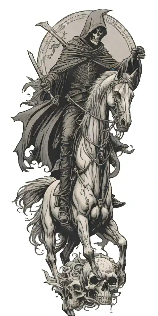 grim reaper on horse with crow flying and skull tattoo design idea