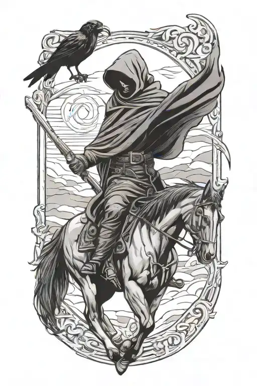  grim reaper on a horse with a raven tattoo design idea