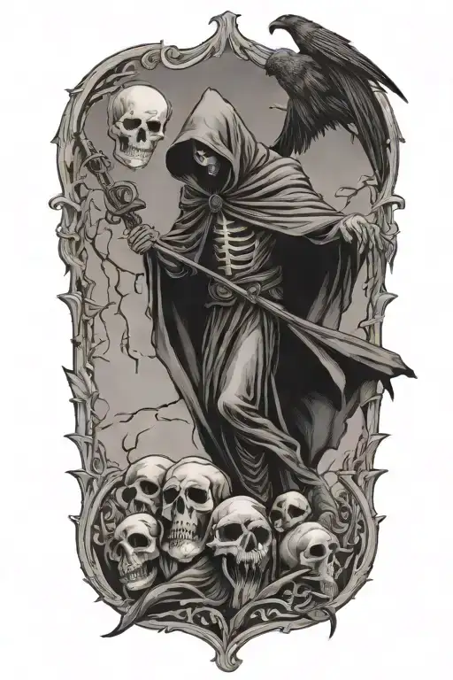 grim reaper with crow flying and skull tattoo design idea