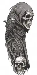 grim reaper with crow flying and skull tattoo design idea