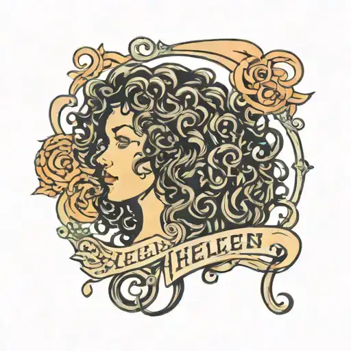 the name Helen with a curly hair tangled together tattoo design idea