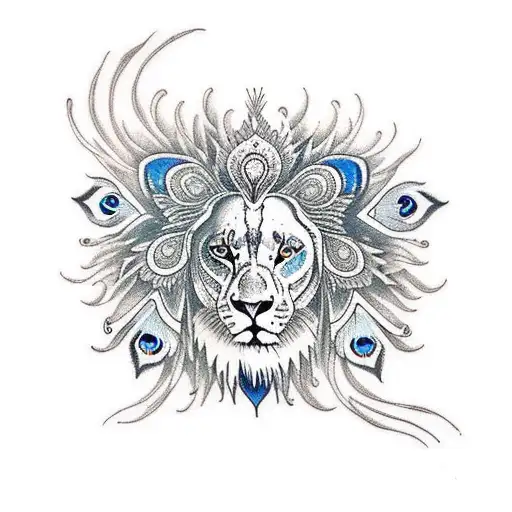 peacock eating the guts of a lion sleeve tattoo design idea