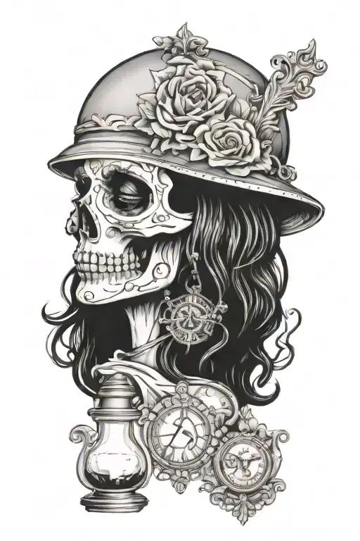 memento mori janus head profile skull young woman with hourglass pendant tattoo design idea