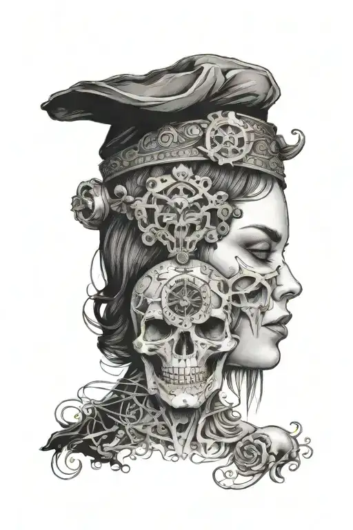 janus head profile skull young woman with hourglass pendant tattoo design idea