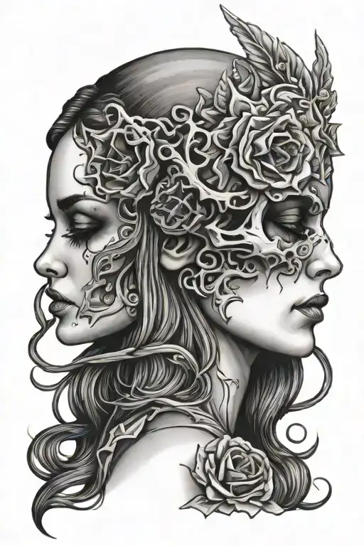 janus head skull young woman face tattoo design idea