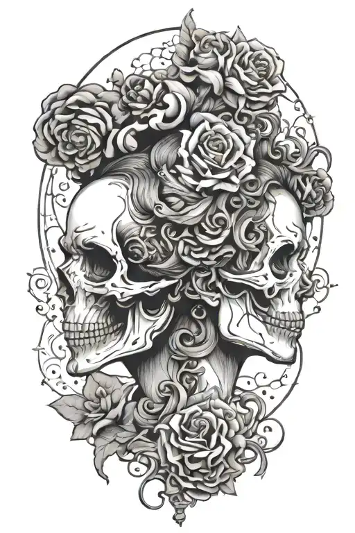 janus head skull young woman with hourglass pendant tattoo design idea