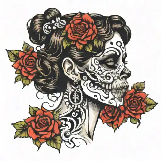 janus face skull young woman tattoo design idea