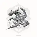 Shoulder sleeve with mid-antiquity dragons and a neo-modernism look with shapes symmetrical and clever calmness tattoo design idea