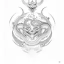 Shoulder sleeve with mid-antiquity dragons and a neo-modernism look with shapes symmetrical and clever calmness tattoo design idea