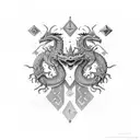 Shoulder sleeve with mid-antiquity dragons and a neo-modernism look with shapes symmetrical and clever calmness tattoo design idea