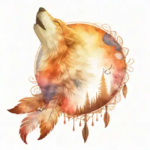 A wolf howling at the moon surrounded by native american dream catchers and birds tattoo design idea