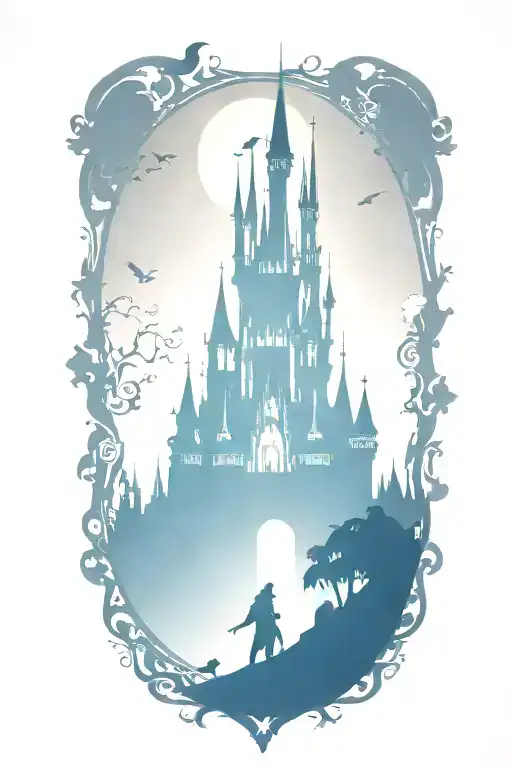 disney characters surrounding the castle silhouette tattoo design idea