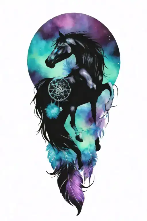 pegasus horse with dream catcher entangled with gem shapes  tattoo design idea