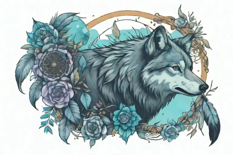 wolf & dream catcher with lace and gems surrounded by flowers, plants and birds tattoo design idea