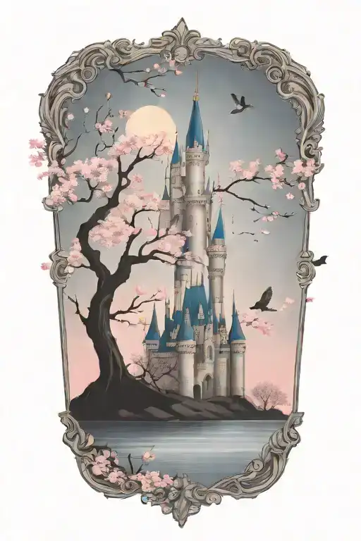 disney castle silhouette with flying sparrows and cherry blossom tree no frame tattoo design idea