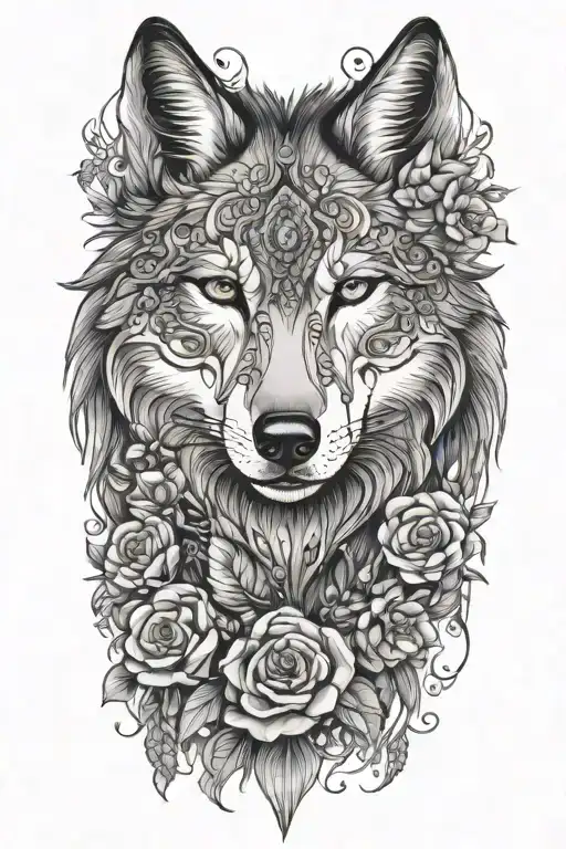 wolf, dream catches, flowers, gems and lace  tattoo design idea