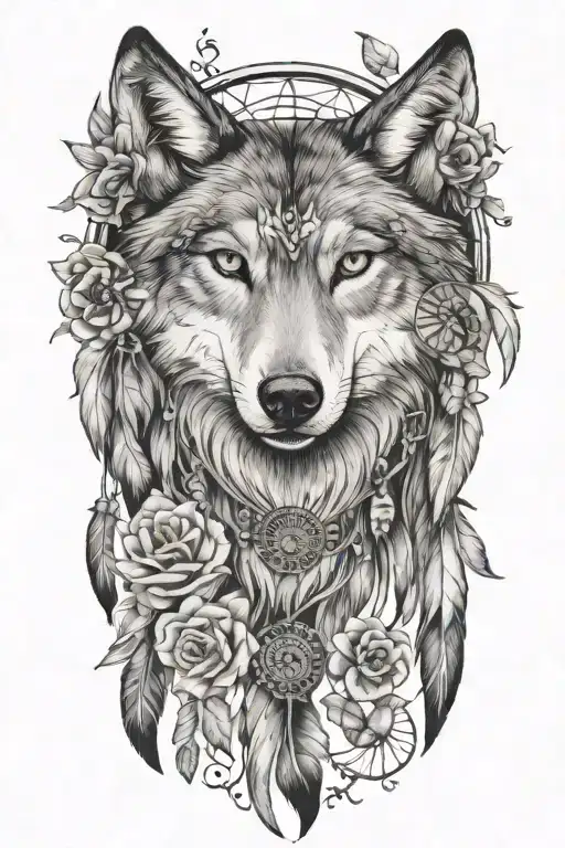 wolf and dream catcher, flowers and birds lace and gems tattoo design idea
