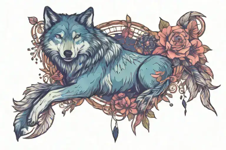 wolf & dream catcher with lace and gems surrounded by flowers, plants and birds tattoo design idea