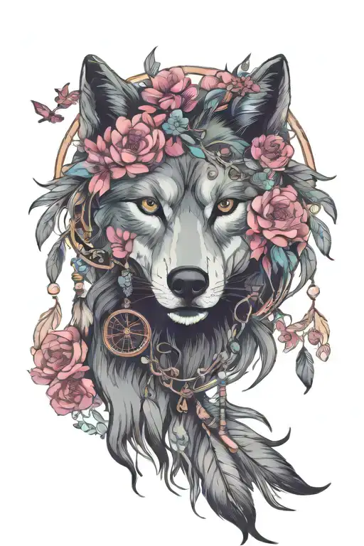 wolf & dream catcher with lace and gems surrounded by flowers, plants and birds tattoo design idea