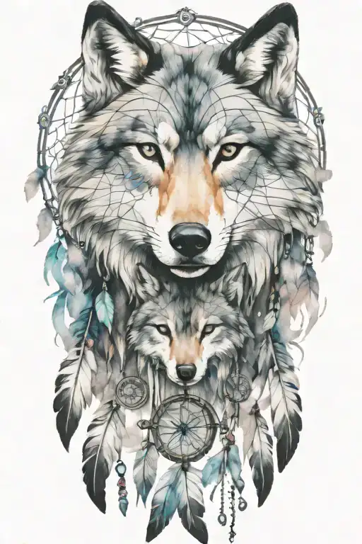 A unique tattoo featuring wolfs intertwined with dream catchers in a black-grey style tattoo design idea