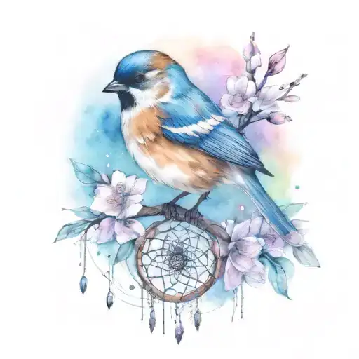 sparrow with gem shapes with dream catcher and cherry blossom  tattoo design idea