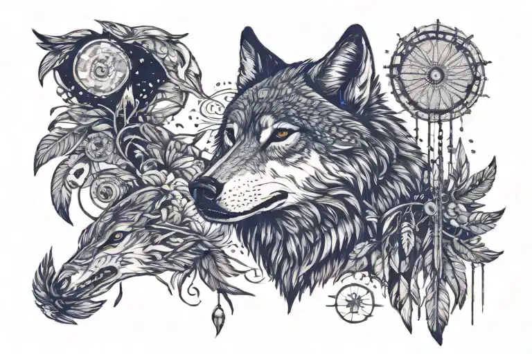 A wolf howling at the moon surrounded by native american dream catchers and birds tattoo design idea