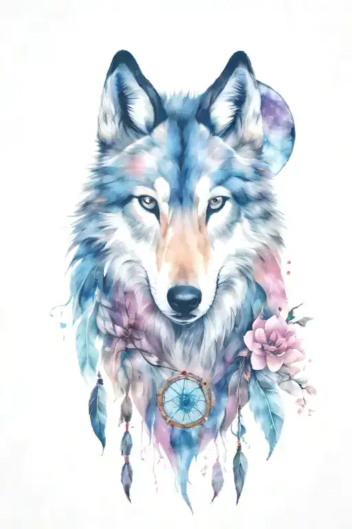 wolf and horse with gem shapes with dream catcher and cherry blossom  tattoo design idea