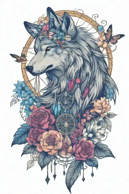 wolf & dream catcher with lace and gems surrounded by flowers, plants and birds tattoo design idea