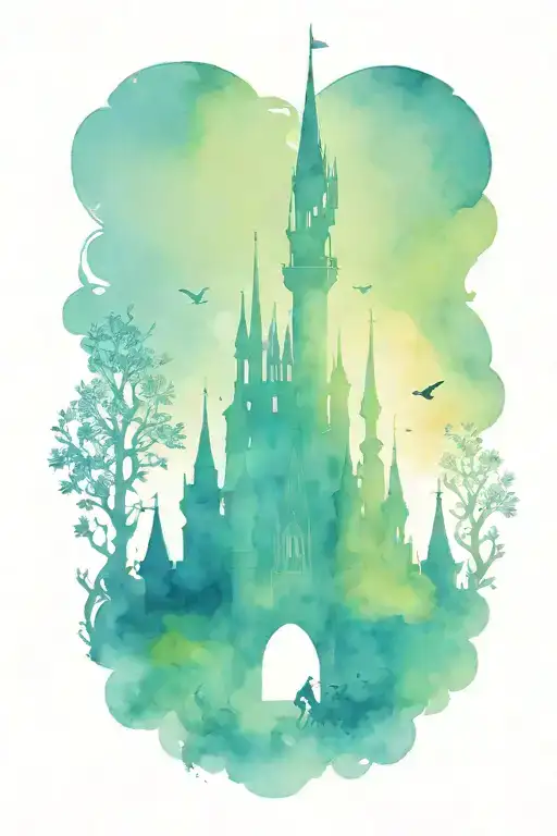 disney characters surrounding the castle silhouette tattoo design idea