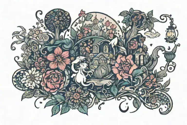 A whimsical Disney inspired tattoo featuring a magical garden with talking animals and vibrant flowers tattoo design idea