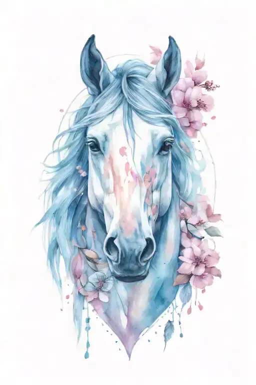  horses with gem shapes with dream catcher and cherry blossom tattoo design idea