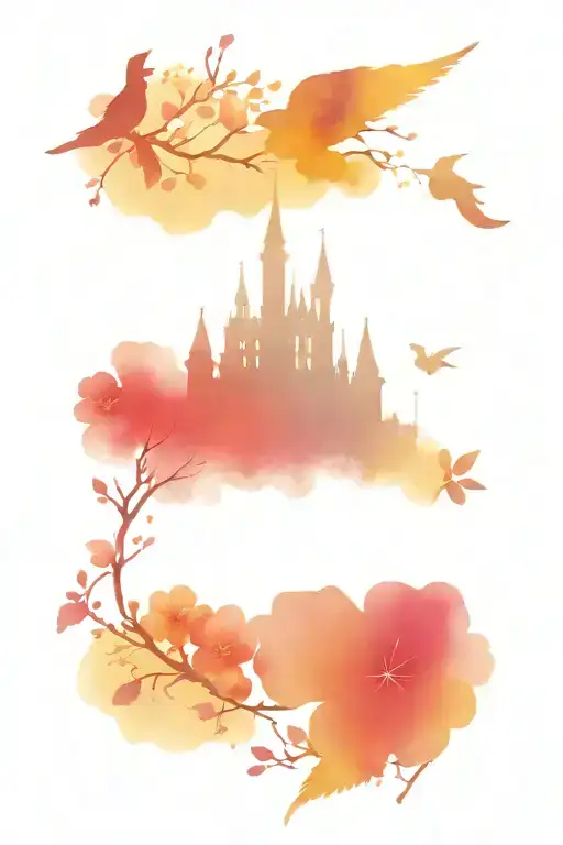 disney castle silhouette with flying sparrows and cherry blossom tree tattoo design idea