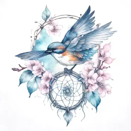 flying sparrow with gem shapes with dream catcher and cherry blossom  tattoo design idea