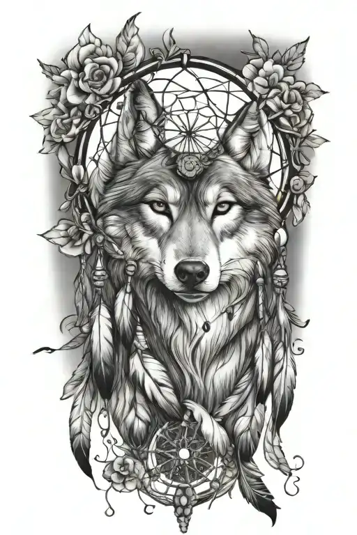 wolf and dream catcher, flowers and birds, lace and gems tattoo design idea