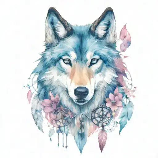 wolf and horse with gem shapes with dream catcher and cherry blossom  tattoo design idea