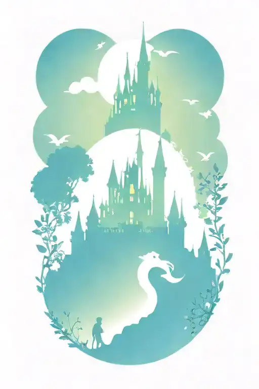 disney characters surrounding the castle silhouette tattoo design idea