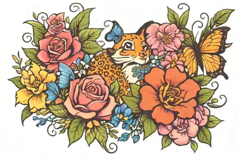 A whimsical Disney inspired tattoo featuring a magical garden with talking animals and vibrant flowers tattoo design idea