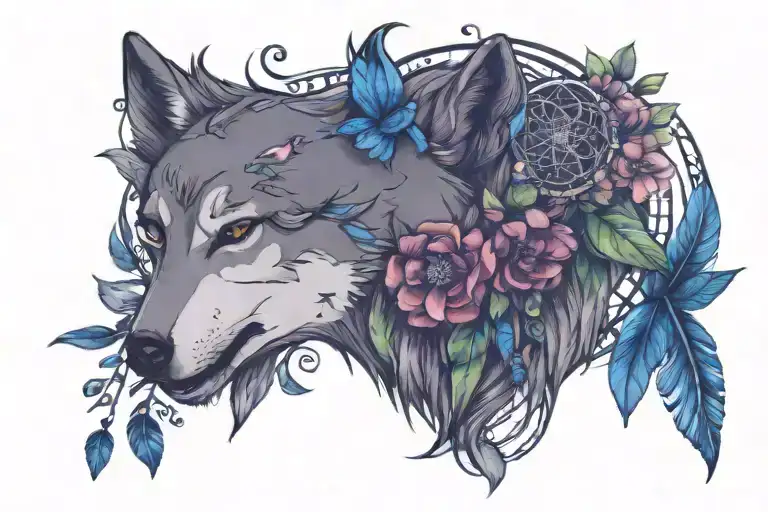 wolf & dream catcher with lace and gems surrounded by flowers, plants and birds tattoo design idea