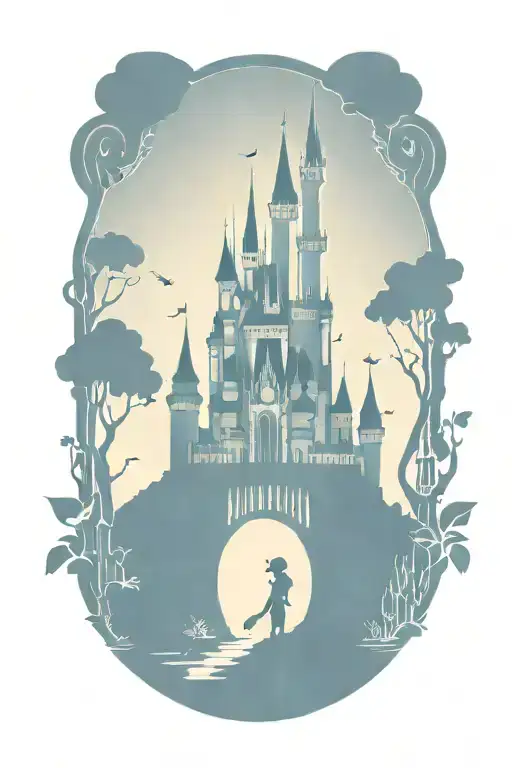 disney characters surrounding the castle silhouette tattoo design idea