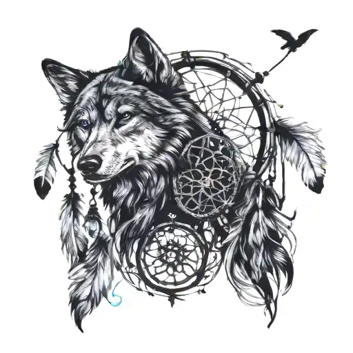 disney themed silhouette with wolf and dream catcher in the middle  tattoo design idea