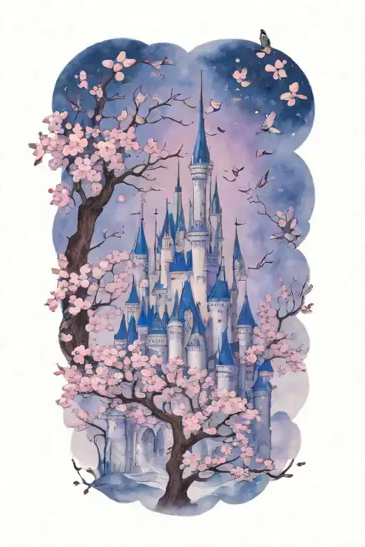 disney castle silhouette with flying sparrows and cherry blossom tree tattoo design idea