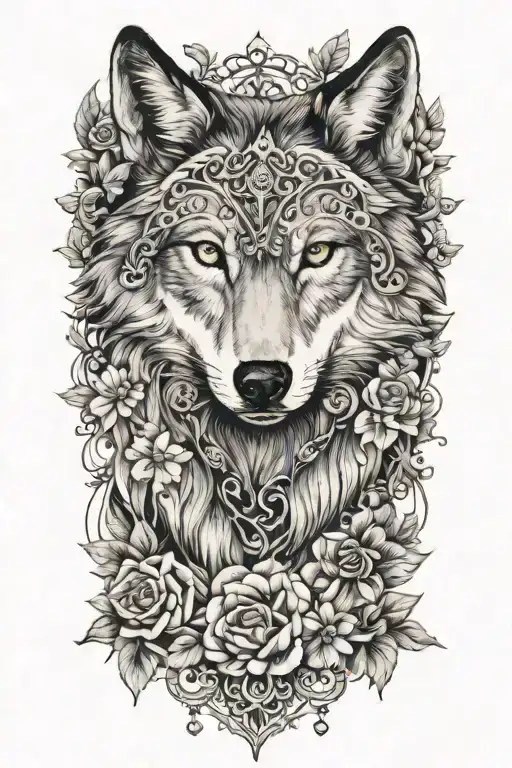 wolf, dream catches, flowers, gems and lace  tattoo design idea